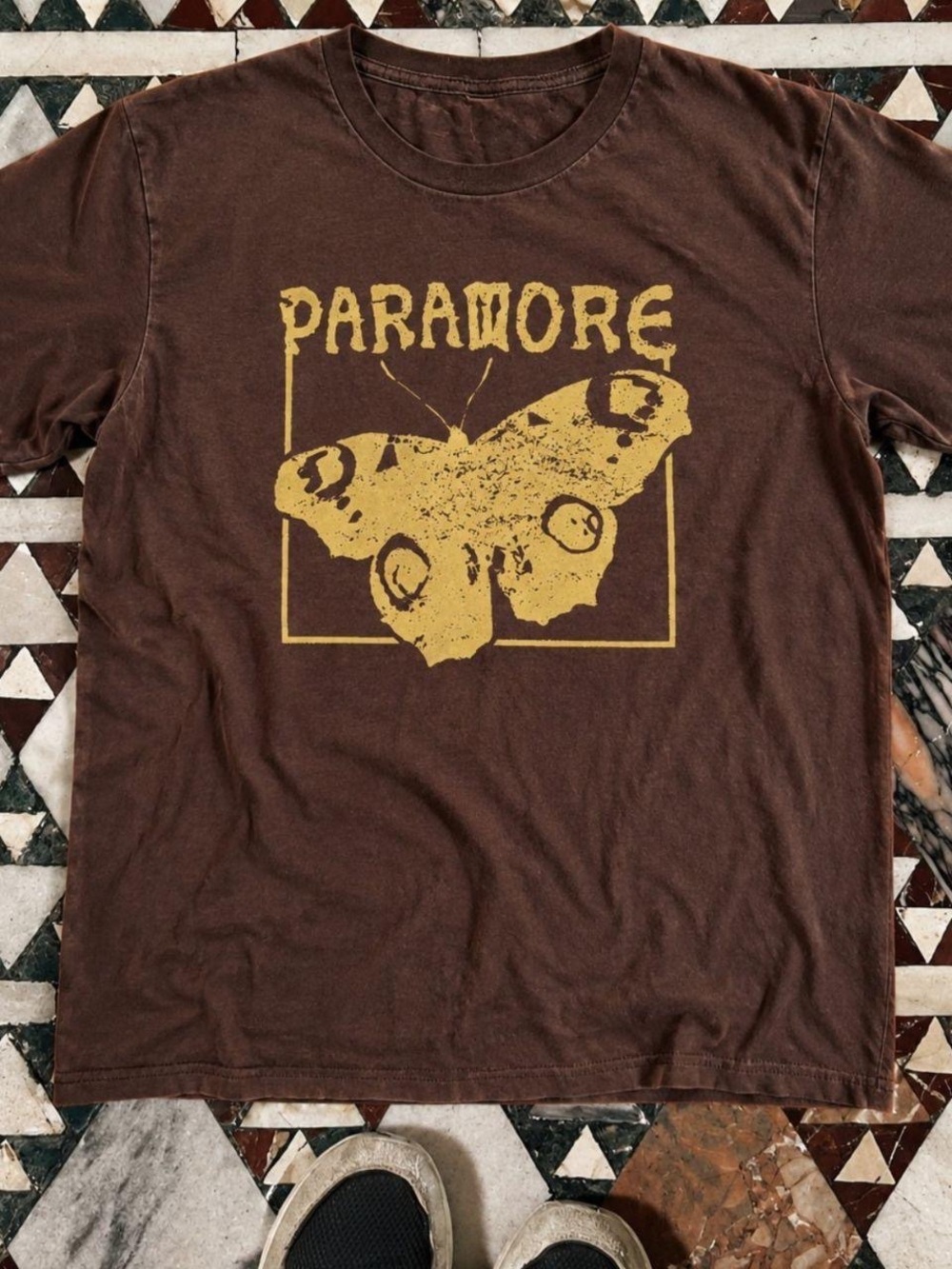 Gildan Brown Tee with Yellow Butterfly Paramore Graphic
